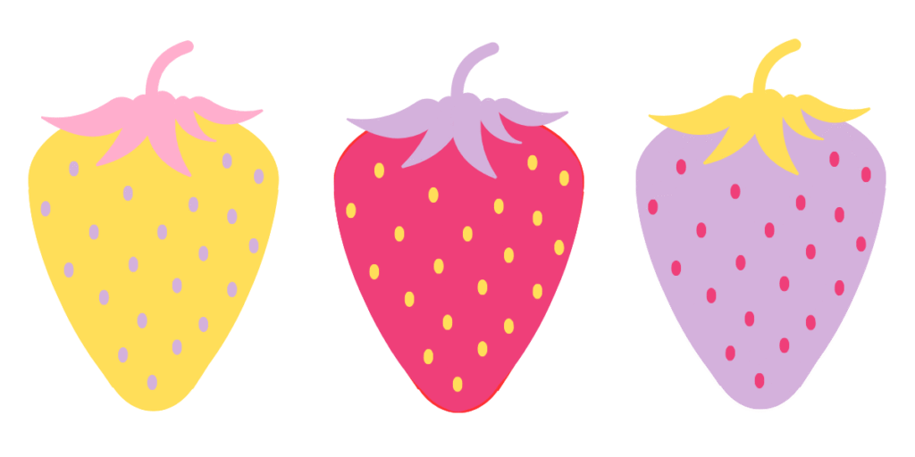 Exemple de couleurs originales pour peindre des fraises sur céramique: trois fraises peintes en jaune rose et violet