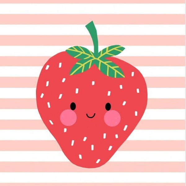 Exemple de fond pour peindre des fraises sur céramique: des rayures rose corail avec une fraise kawaii en superposition